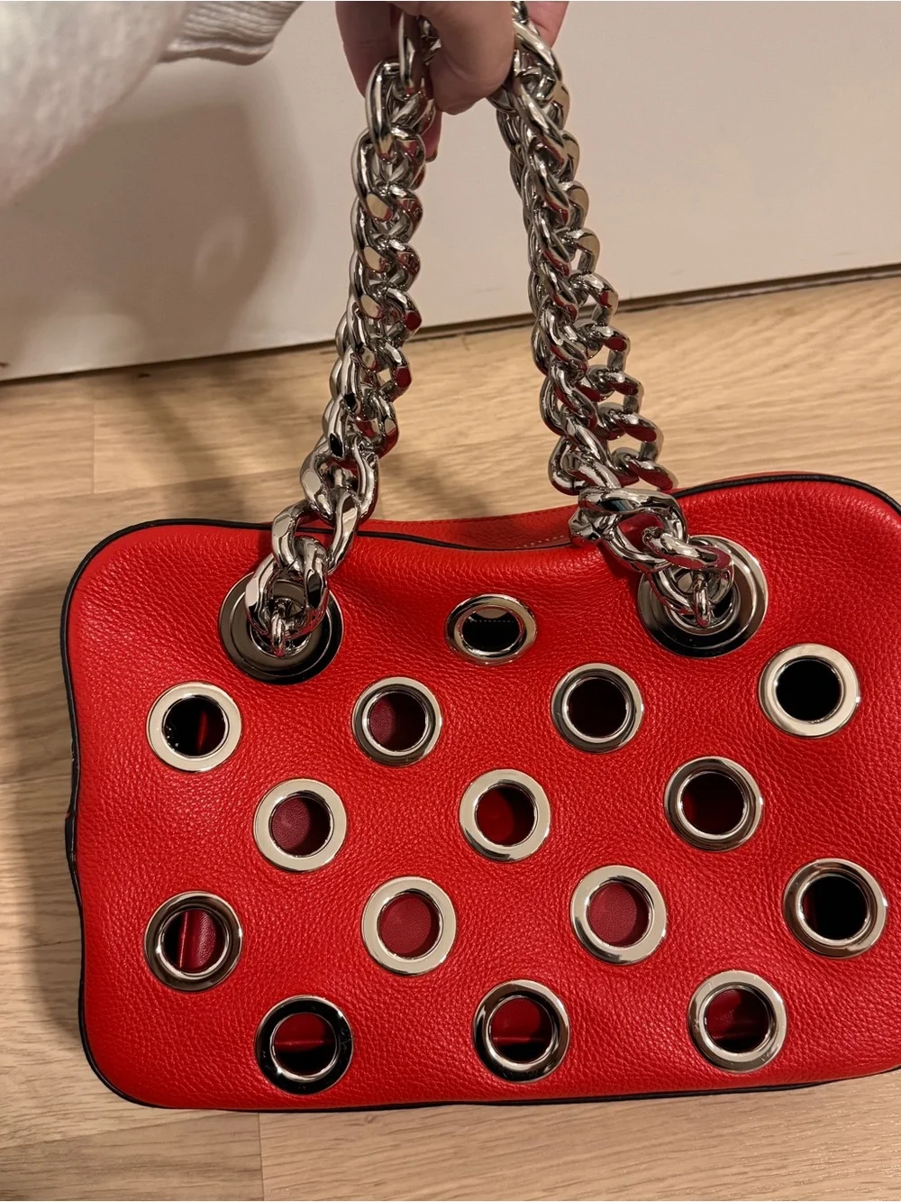 Prada Red Leather Grommet Chain Satchel